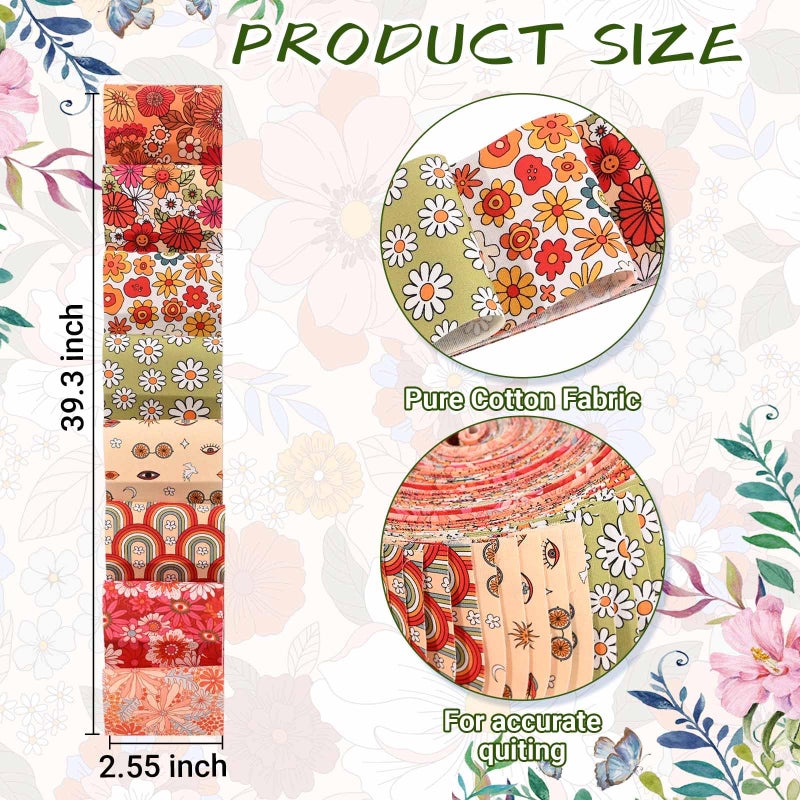 Sanixin 40 Pcs Boho Floral Cotton Jelly Roll Retro Boho Rainbow Fabric Strips for Quilting Crafting Precut Patchwork for Sewing DIY Crafts Cotton Fabric Bundles Strips 39.37 ? 2.55 Inch (Boho) - Image 2